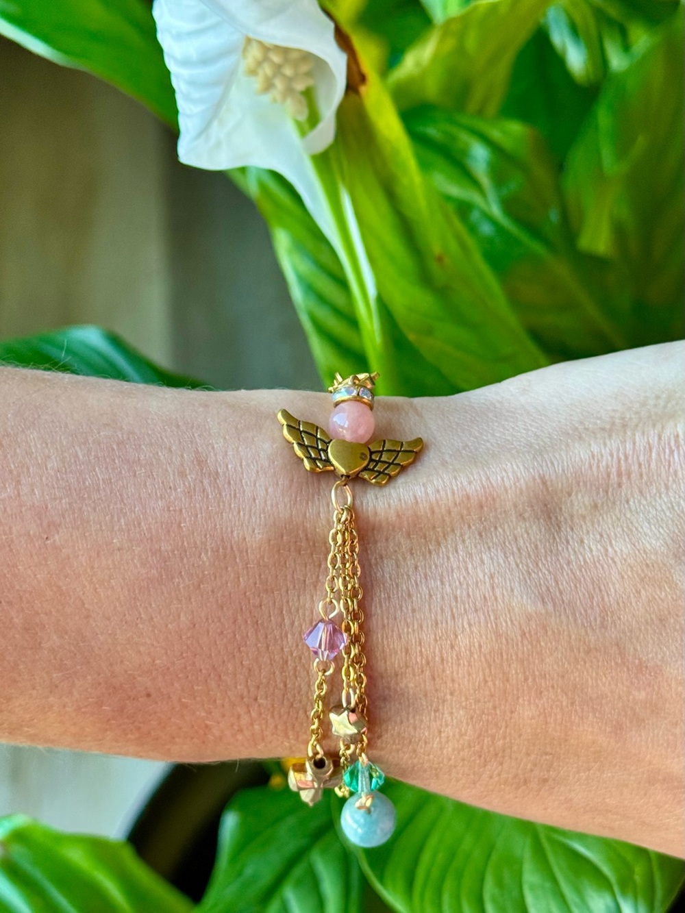 Gold-Tone SUNSTONE + AQUAMARINE Guardian Angel Bracelet